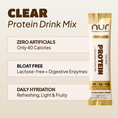 Glass of NUR Clear Whey lemon kick shows juice-like hydration with clear taste