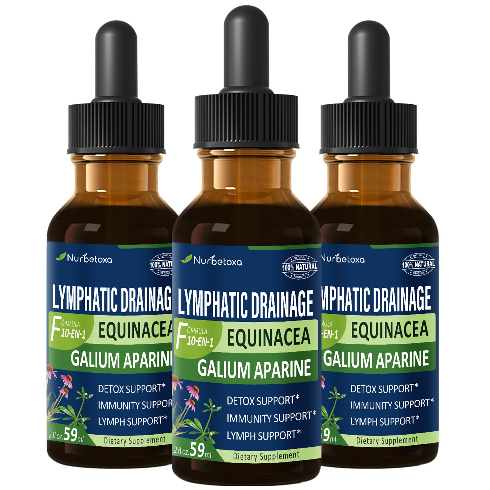 Nurbetoxa bottle front view with herbal blend for lymph support.