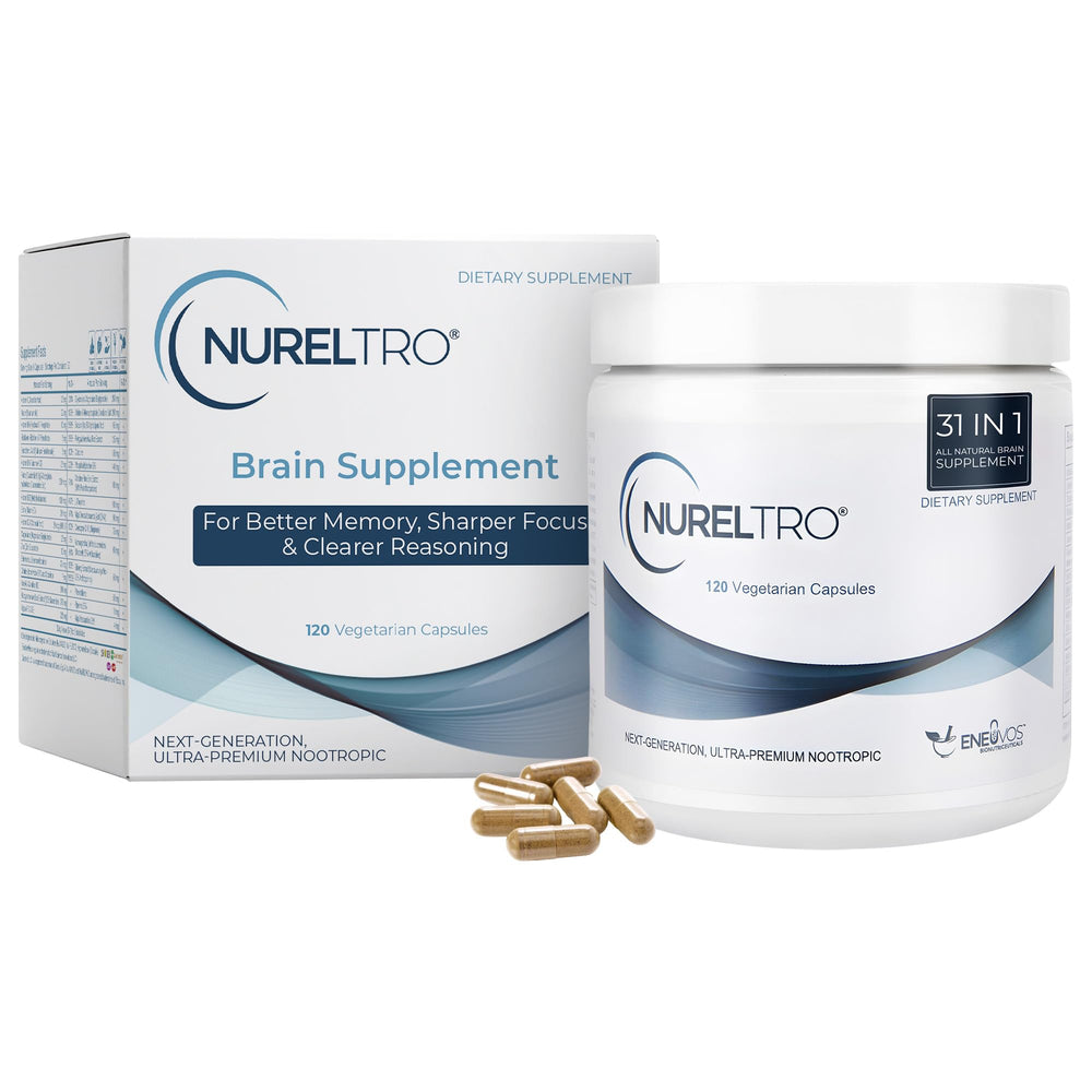 Nureltro bottle front view showing caffeine-free brain support for focus
