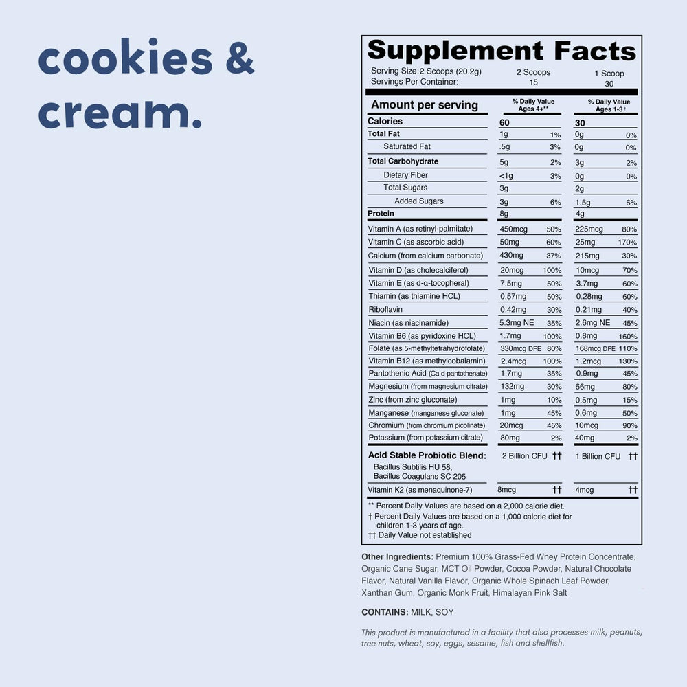 Nurished Cookies & Cream Mighty Milk pouch showcases convenient servings for growing kids