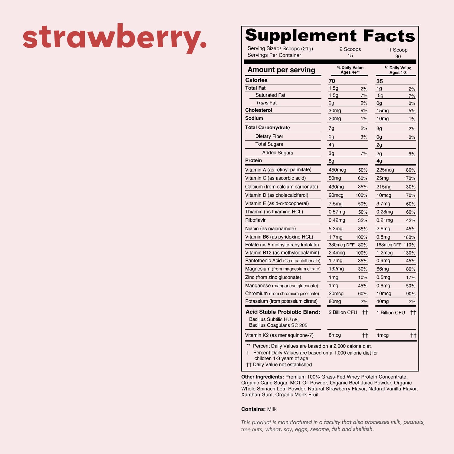Scoop beside Nurished Mighty Strawberry Milk shows easy, measured servings.