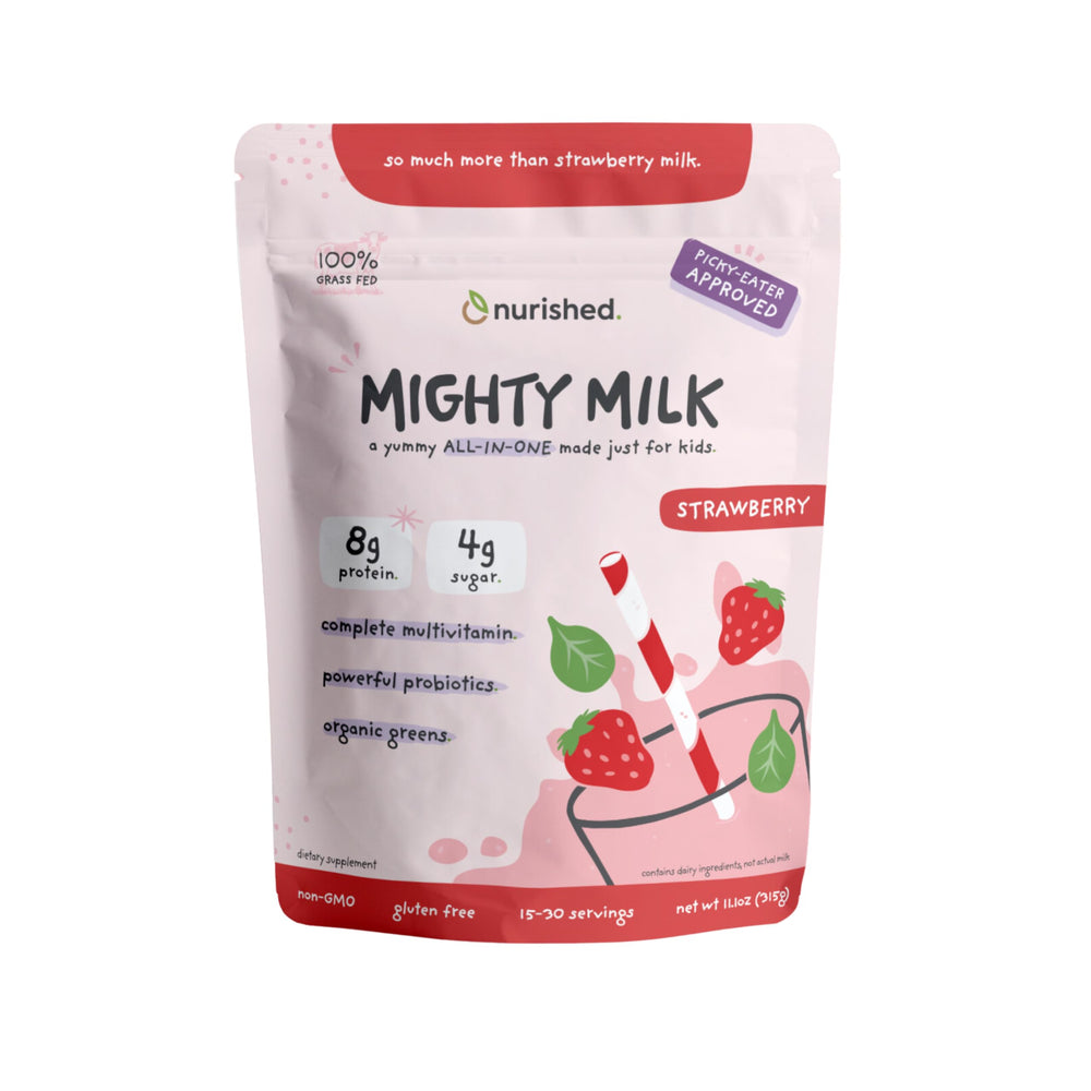 Nurished Mighty Strawberry Milk tub front with kid-friendly packaging for daily nutrition.