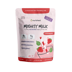Nurished Mighty Strawberry Milk tub front with kid-friendly packaging for daily nutrition.