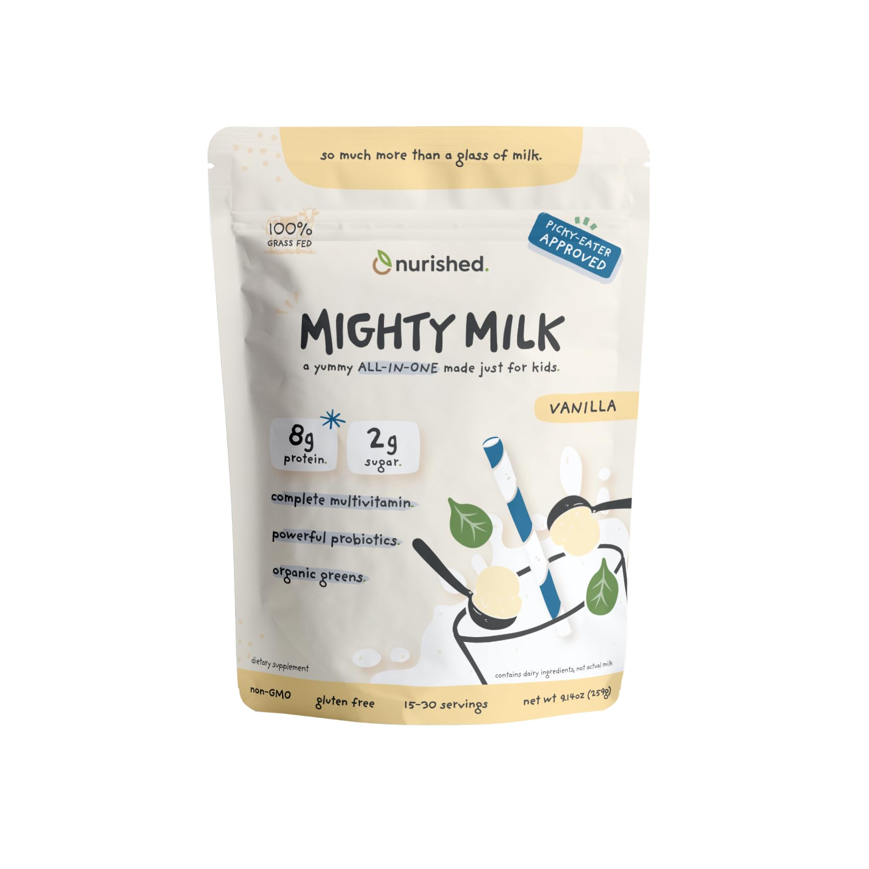 Nurished Vanilla Mighty Milk bottle pour highlights kid-friendly nutrition.