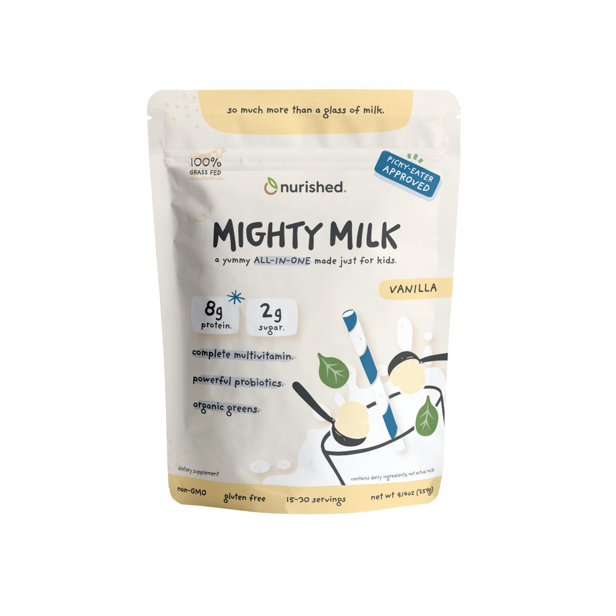 Nurished Vanilla Mighty Milk bottle pour highlights kid-friendly nutrition.