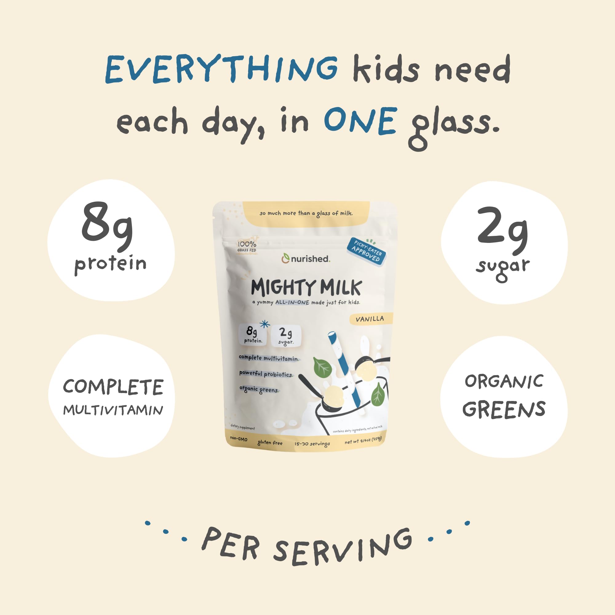 Nurished Vanilla Mighty Milk powder scoop closeup highlights organic spinach blend.