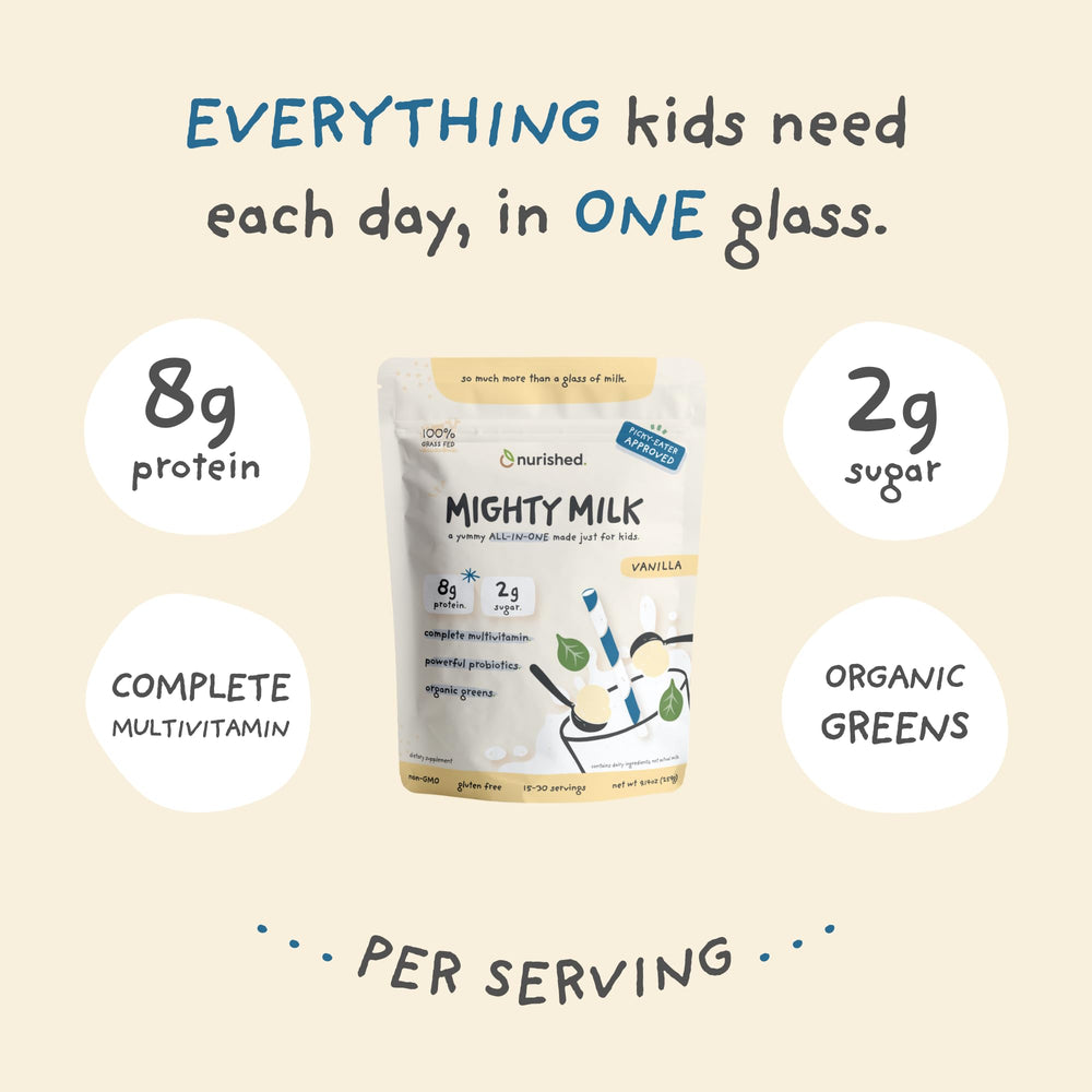 Nurished Vanilla Mighty Milk powder scoop closeup highlights organic spinach blend.