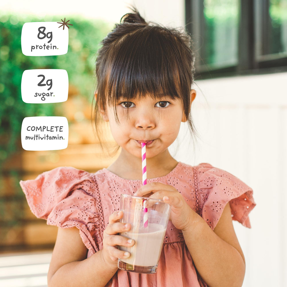 Nurished Vanilla Mighty Milk ready-to-drink cup suggests kid-friendly nutrition.