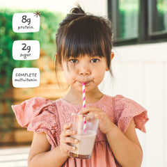 Nurished Vanilla Mighty Milk ready-to-drink cup suggests kid-friendly nutrition.