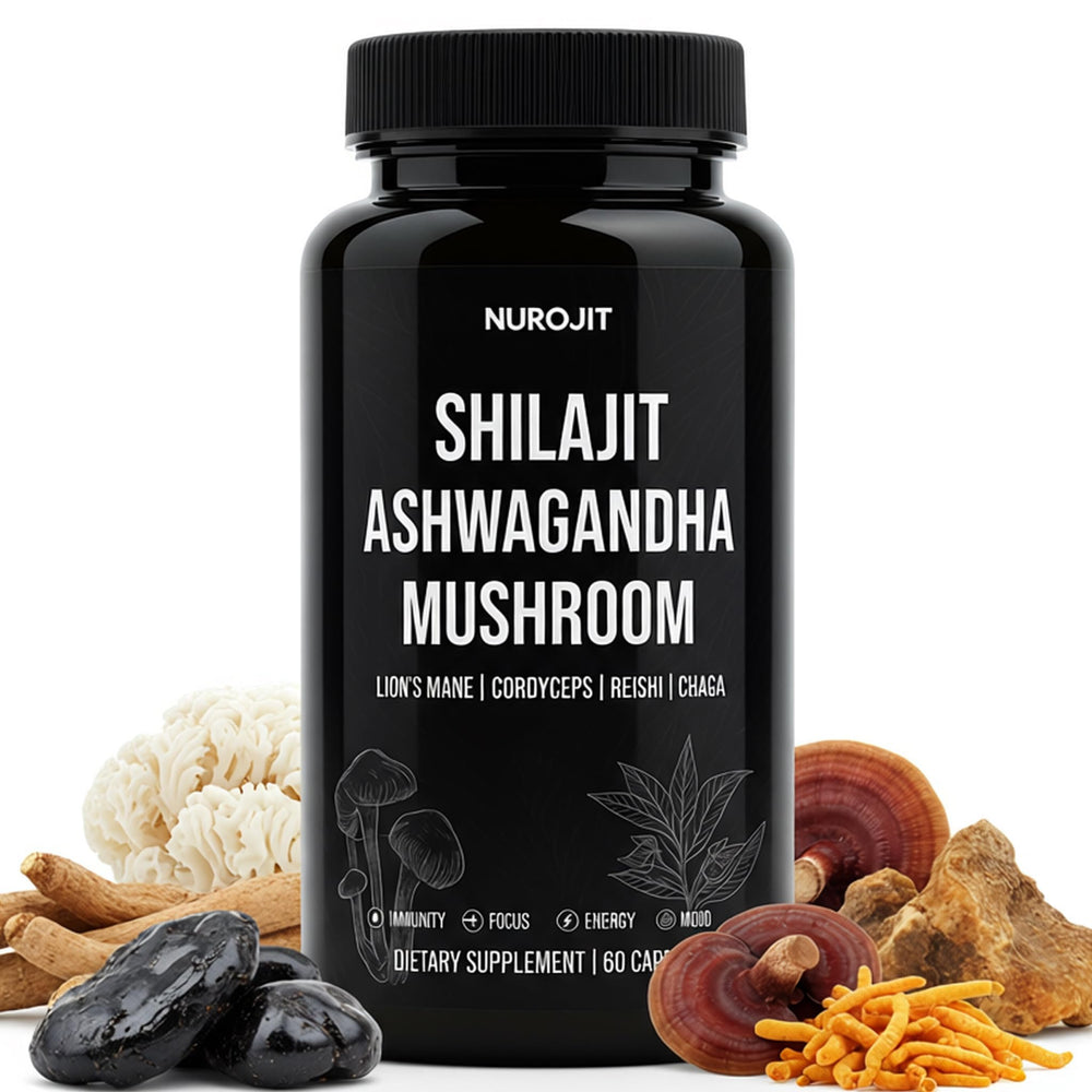 NuroJit Shilajit Ashwagandha bottle highlights a 6-in-1 capsule blend for daily balance.