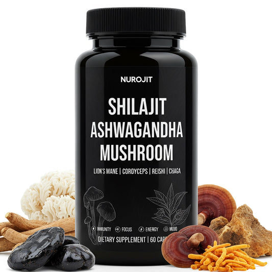 NuroJit Shilajit Ashwagandha bottle highlights a 6-in-1 capsule blend for daily balance.