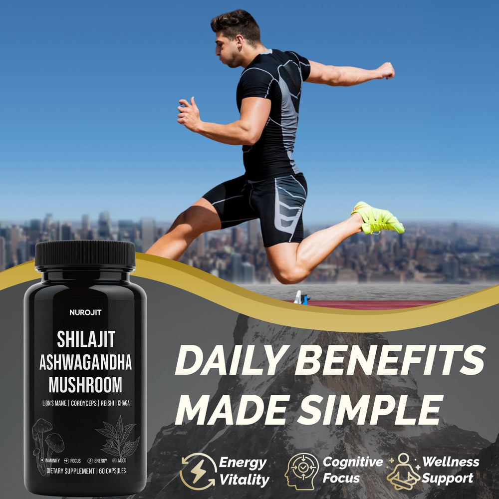 NuroJit Shilajit Ashwagandha capsules closeup suggesting balanced daily energy.