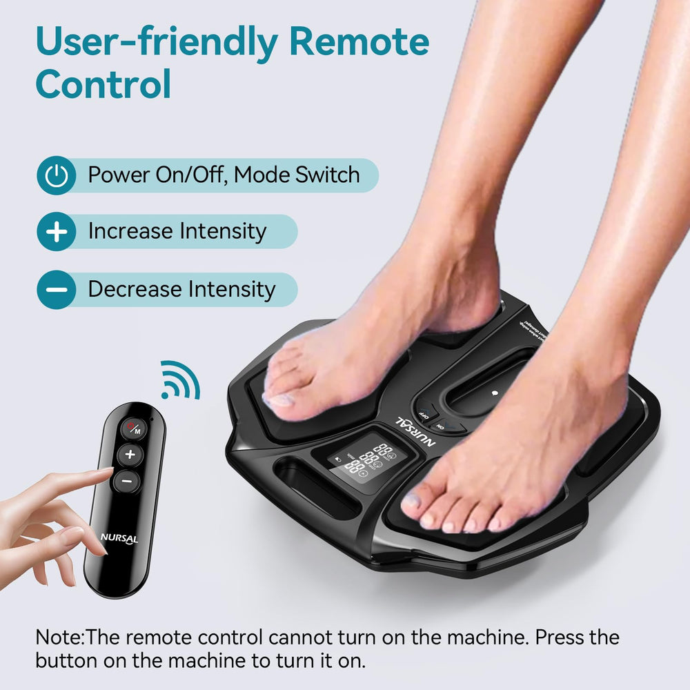 User places feet on massager while wearing socks for warmth and ease.