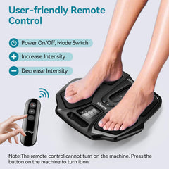 User places feet on massager while wearing socks for warmth and ease.