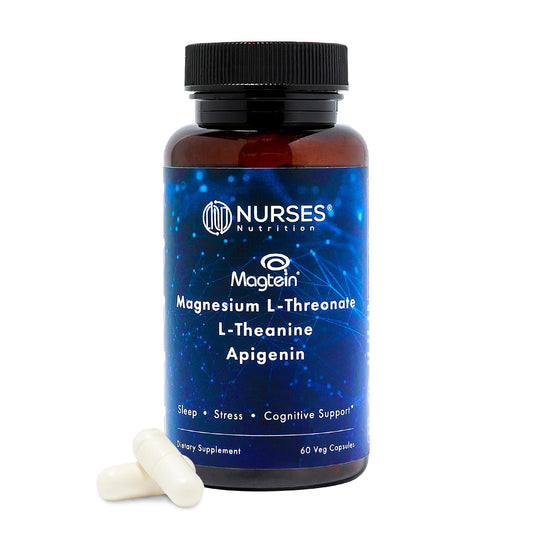 Nurses Nutrition Magnesium Sleep Stack bottle on a nightstand supports a calm bedtime routine.
