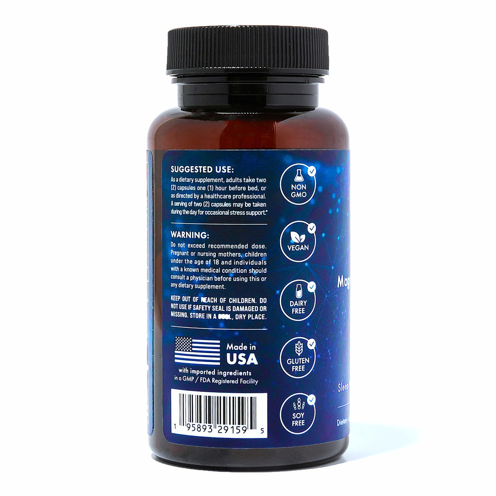 Nurses Nutrition Magnesium Sleep Stack gluten free seal highlights dietary compatibility.