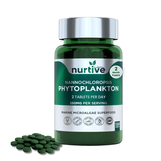 NURTIVE Nannochloropsis tablets pack front, clean vegan microalgae supplement for daily routines
