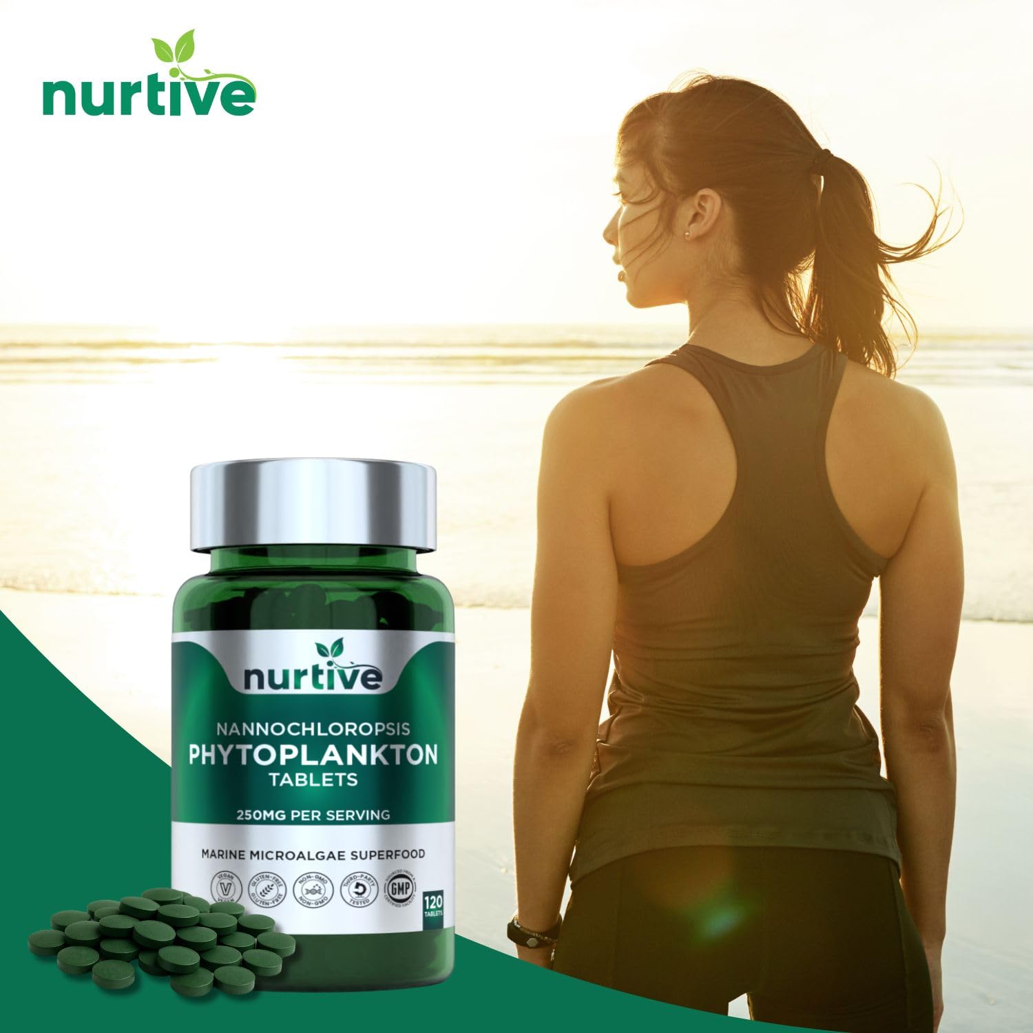 NURTIVE Nannochloropsis tablets third-party tested seal indicating quality