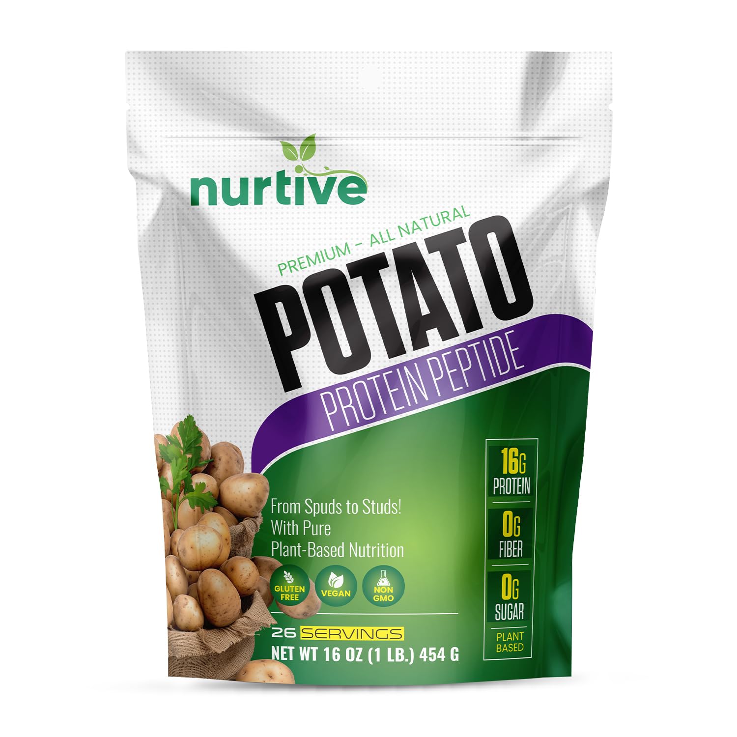NURTIVE potato protein peptide powder bottle highlights vegan, non-GMO protein for daily shakes.