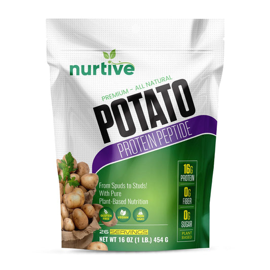 NURTIVE potato protein peptide powder bottle highlights vegan, non-GMO protein for daily shakes.