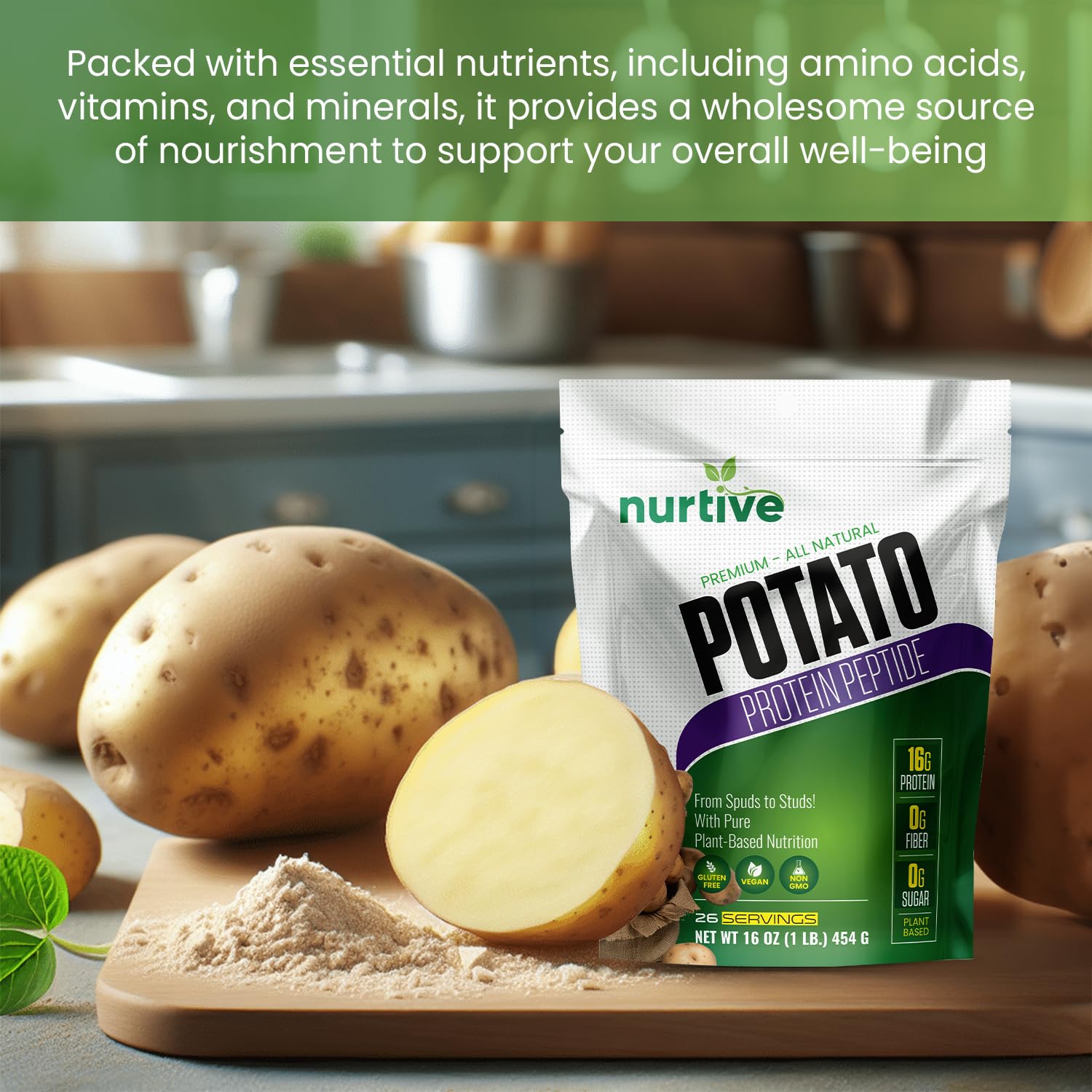 NURTIVE potato protein peptide powder jar emphasizes a clean, allergen-friendly protein source.