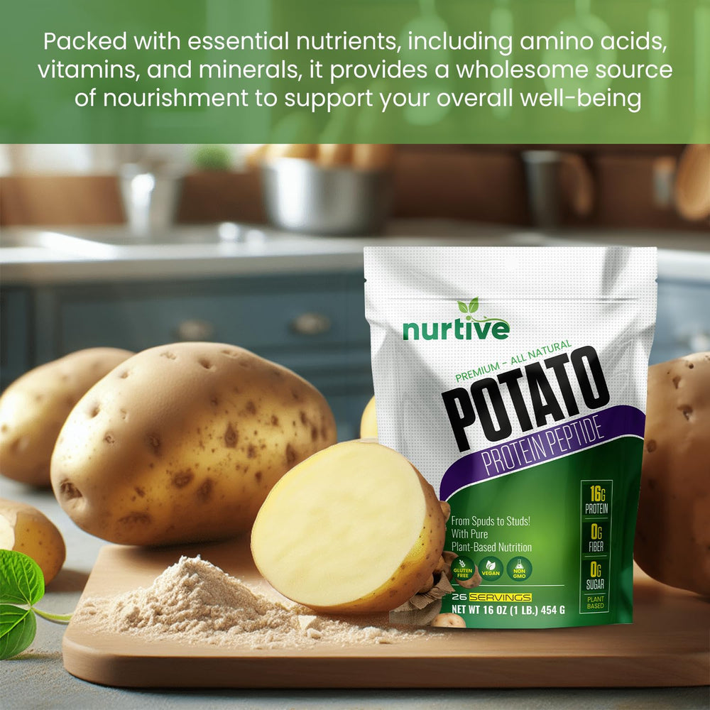 NURTIVE potato protein peptide powder jar emphasizes a clean, allergen-friendly protein source.