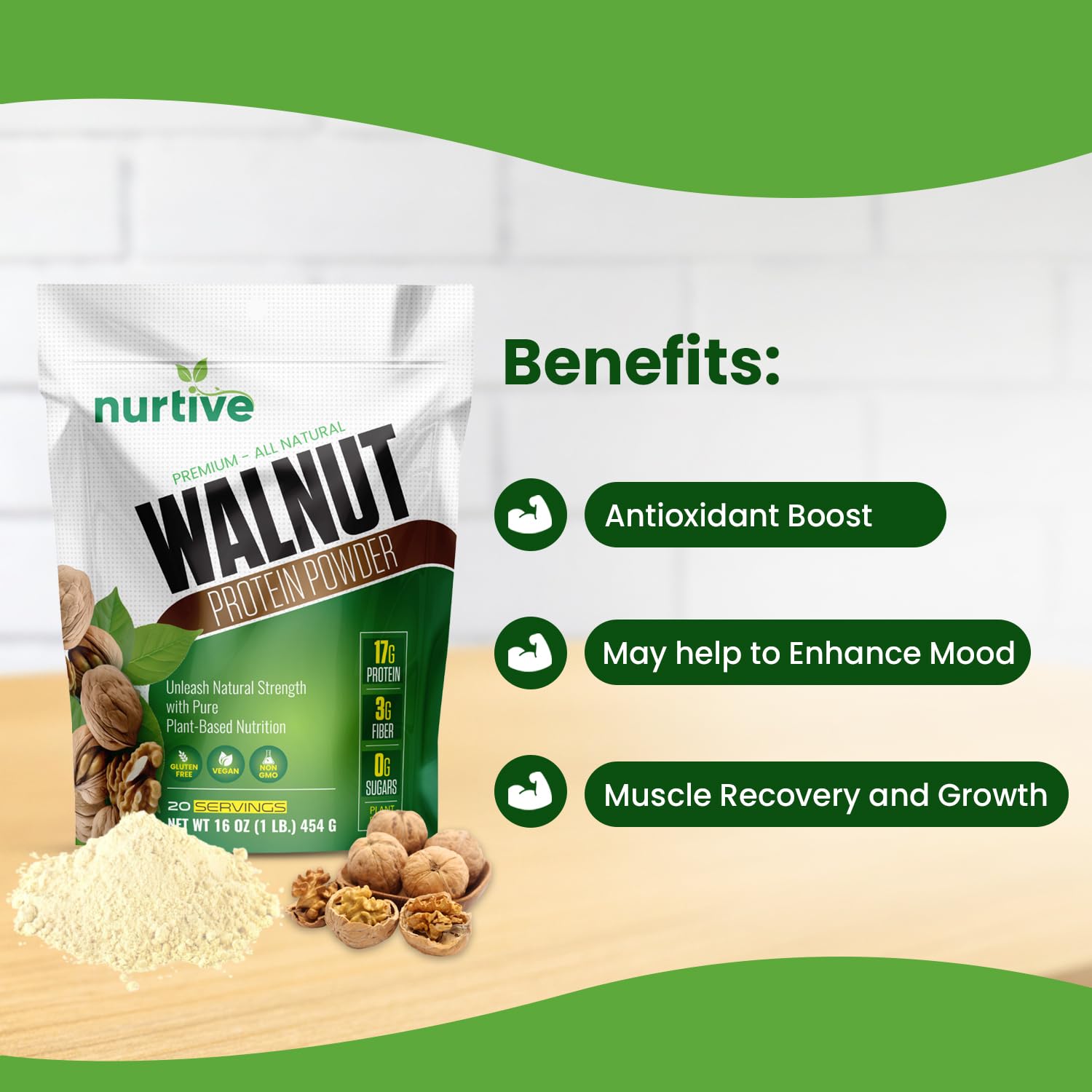 NURTIVE Walnut Protein Powder kitchen scene highlights versatile plant-based protein