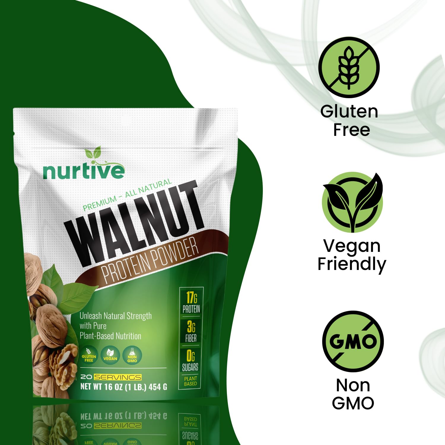 NURTIVE Walnut Protein Powder package label confirms vegan, gluten-free, non-GMO features