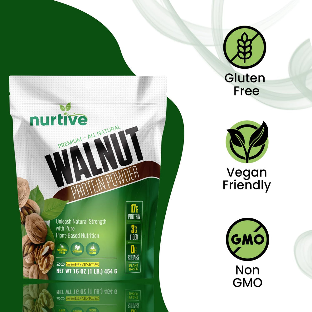 NURTIVE Walnut Protein Powder package label confirms vegan, gluten-free, non-GMO features