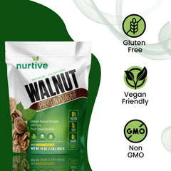 NURTIVE Walnut Protein Powder package label confirms vegan, gluten-free, non-GMO features