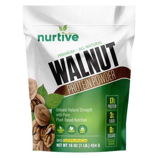NURTIVE Walnut Protein Powder bottle highlights omega-3 rich formula for daily smoothies