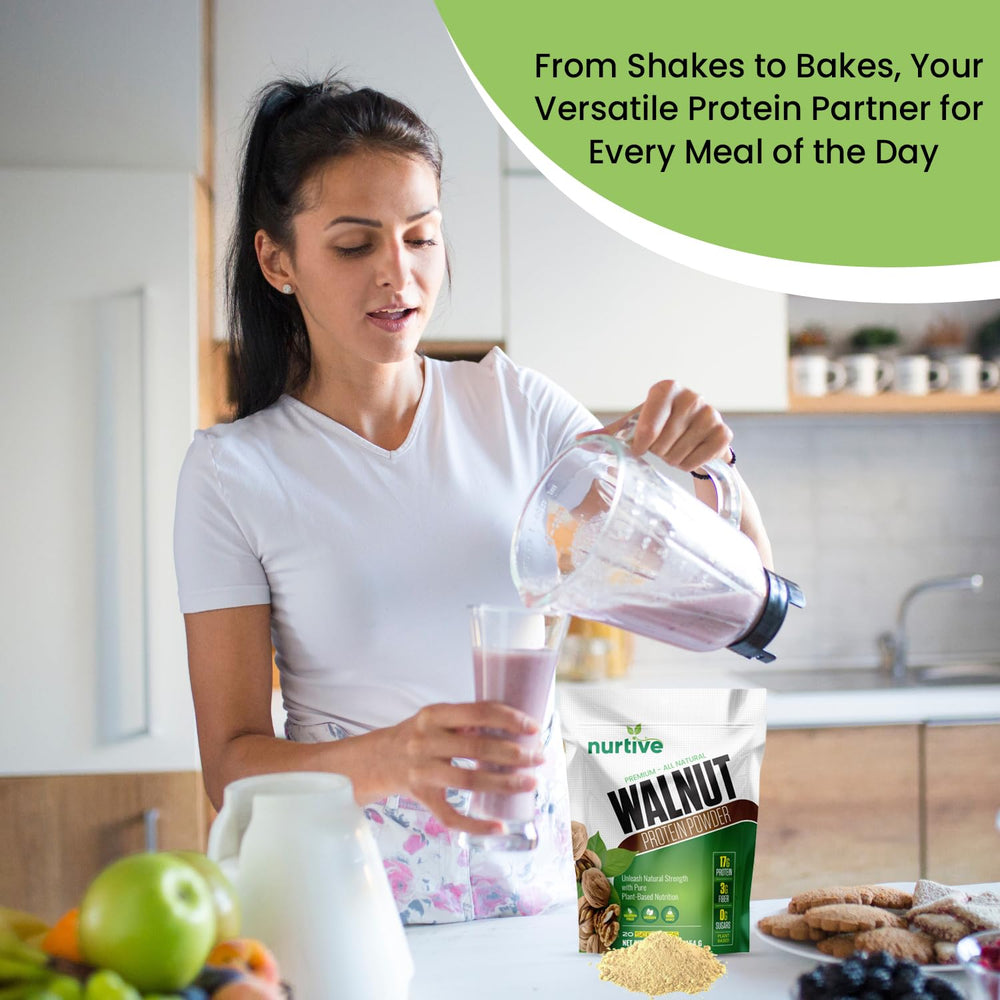 NURTIVE Walnut Protein Powder in smoothie glass suggests quick, nutritious shake