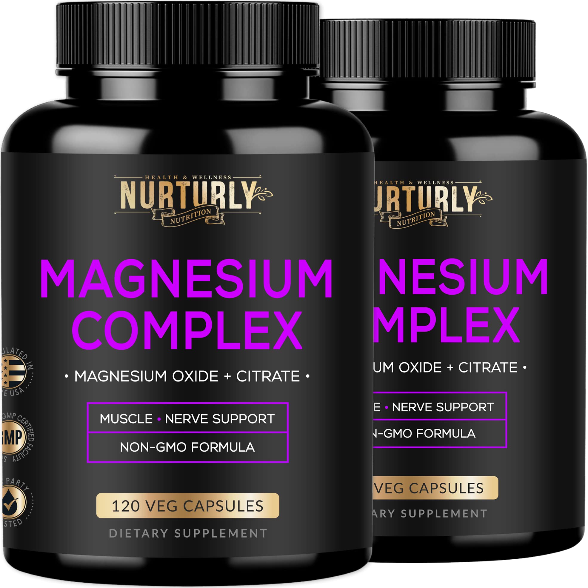 NURTURLY magnesium citrate-oxide bottle front view for high-potency daily support.