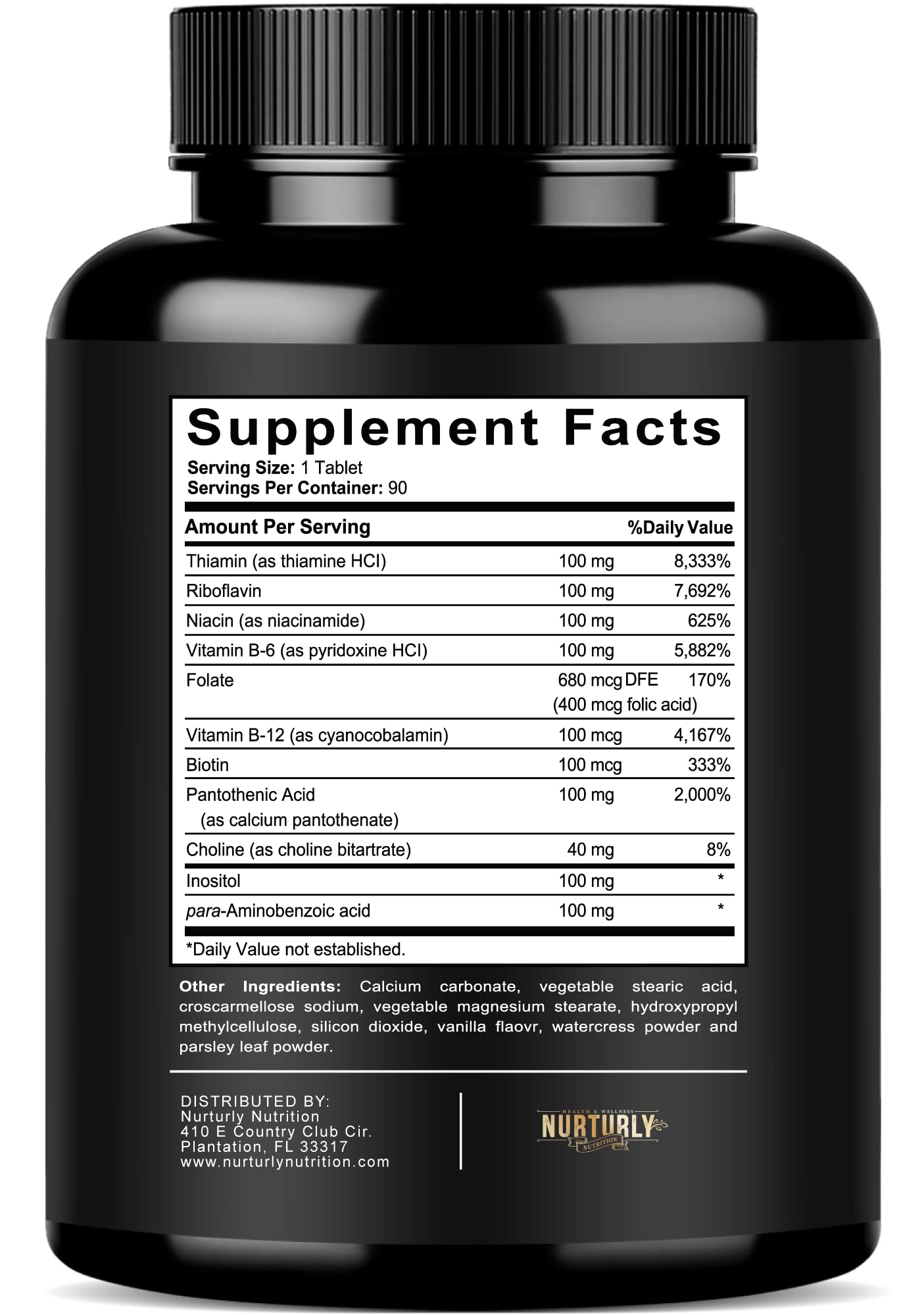 NURTURLY B Complex label highlights essential vitamins.
