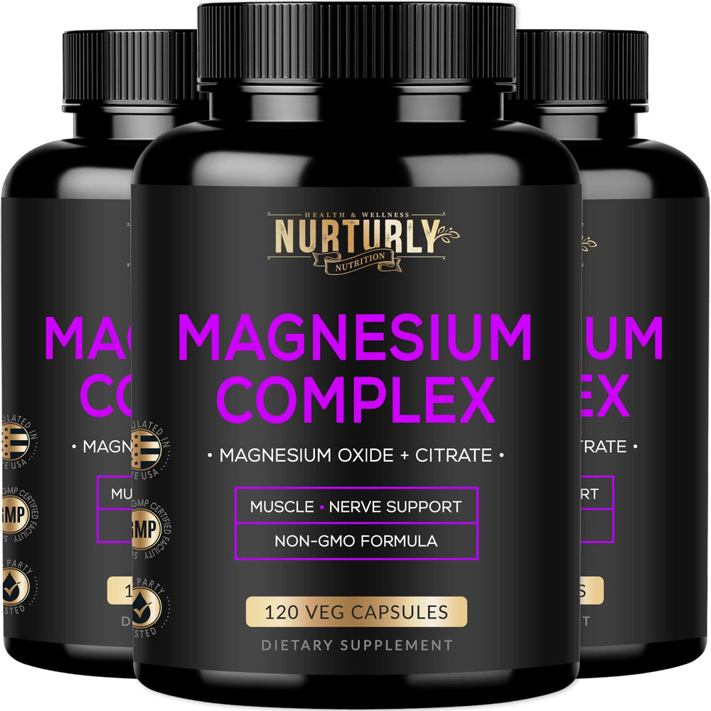 NURTURLY Magnesium Citrate & Oxide capsules bottle front shows high absorption formula for daily use