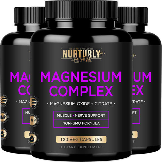 NURTURLY Magnesium Citrate & Oxide capsules bottle front shows high absorption formula for daily use