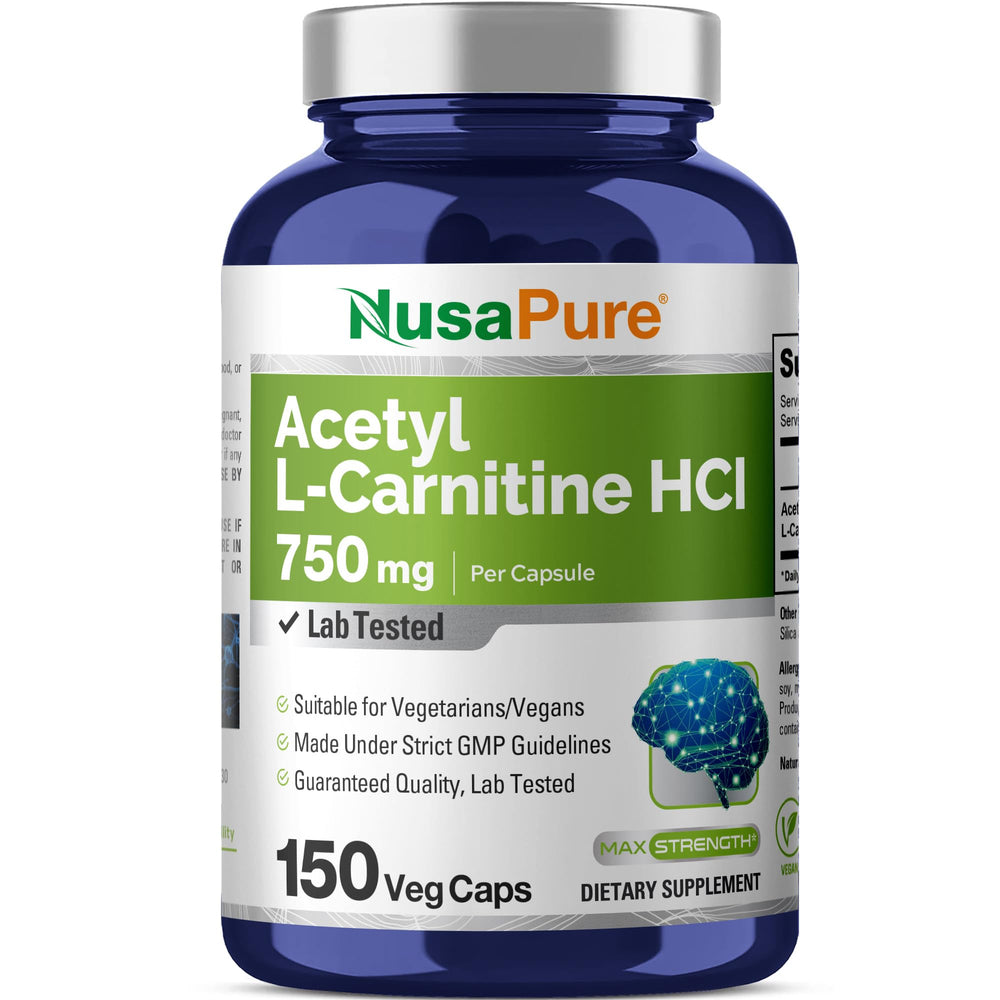 NusaPure Acetyl L-Carnitine 750mg bottle front showing high potency formulation