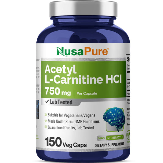 NusaPure Acetyl L-Carnitine 750mg bottle front showing high potency formulation