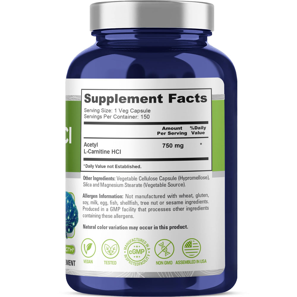 NusaPure Acetyl L-Carnitine capsules closeup highlighting 750mg per veggie cap for daily energy
