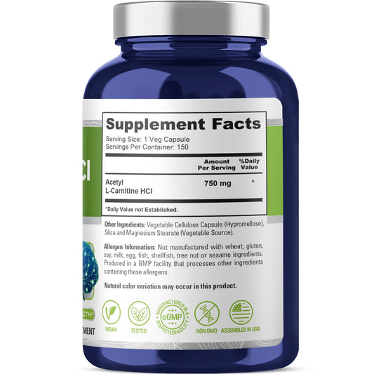 NusaPure Acetyl L-Carnitine capsules closeup highlighting 750mg per veggie cap for daily energy