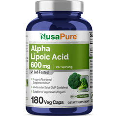 NusaPure Alpha Lipoic Acid 600mg bottle front showing vegan capsules and serving size