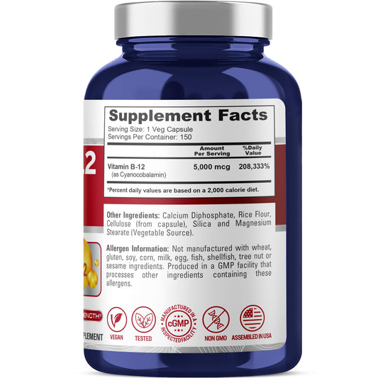 NusaPure B12 5000mcg bottle back label with dosage and ingredients