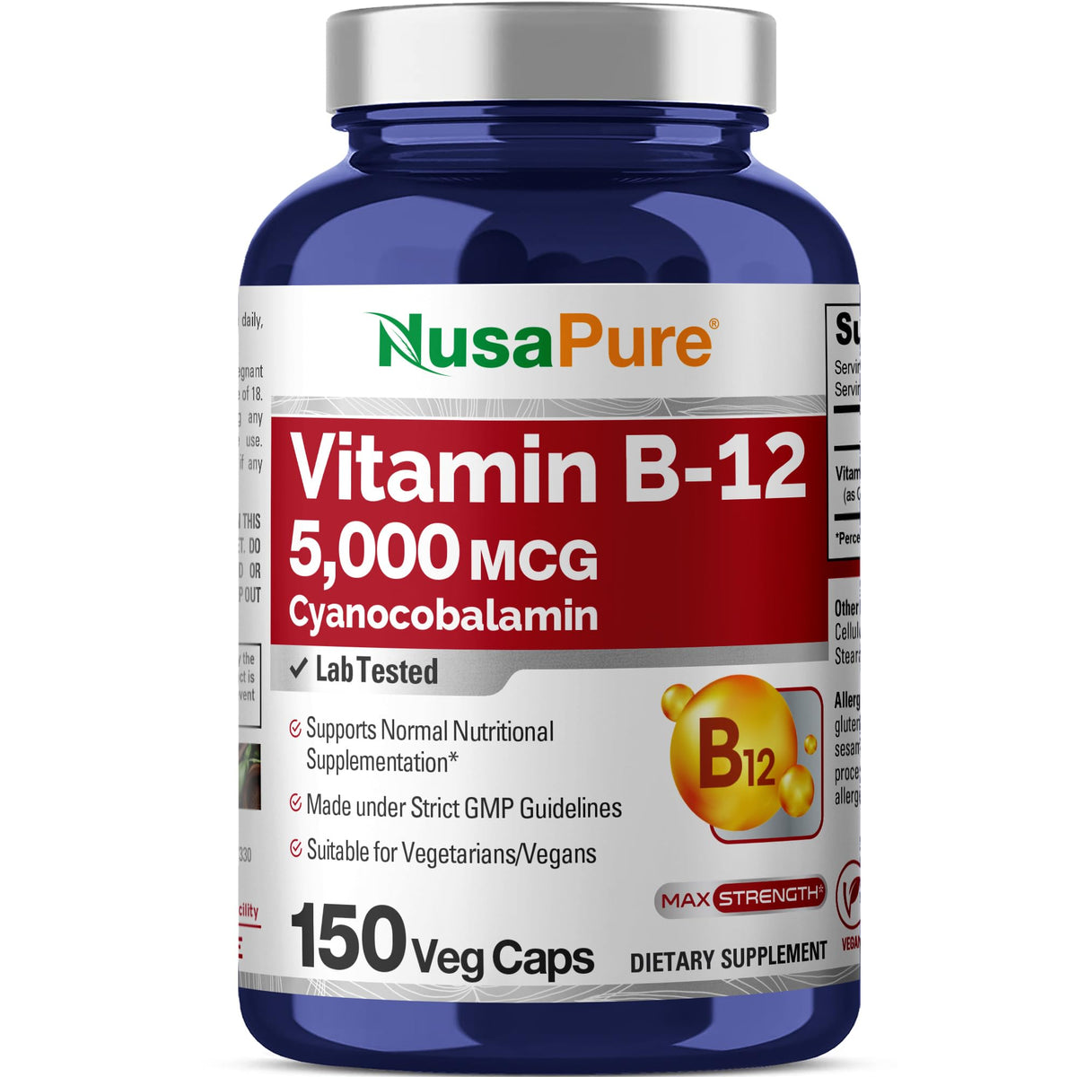 NusaPure B12 5000mcg bottle front for a high strength daily supplement
