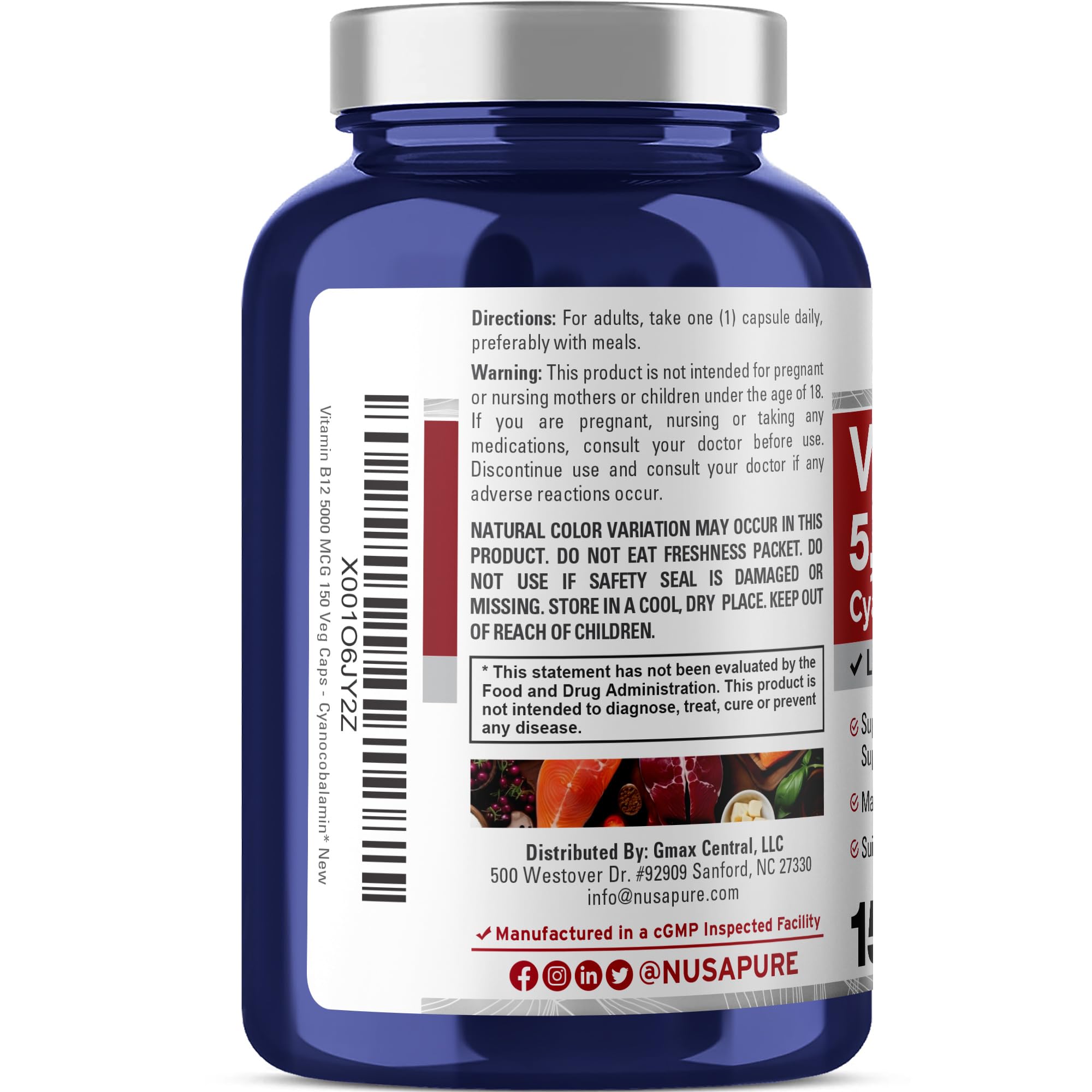 NusaPure B12 5000mcg veggie capsules highlighting vegan, non GMO formula