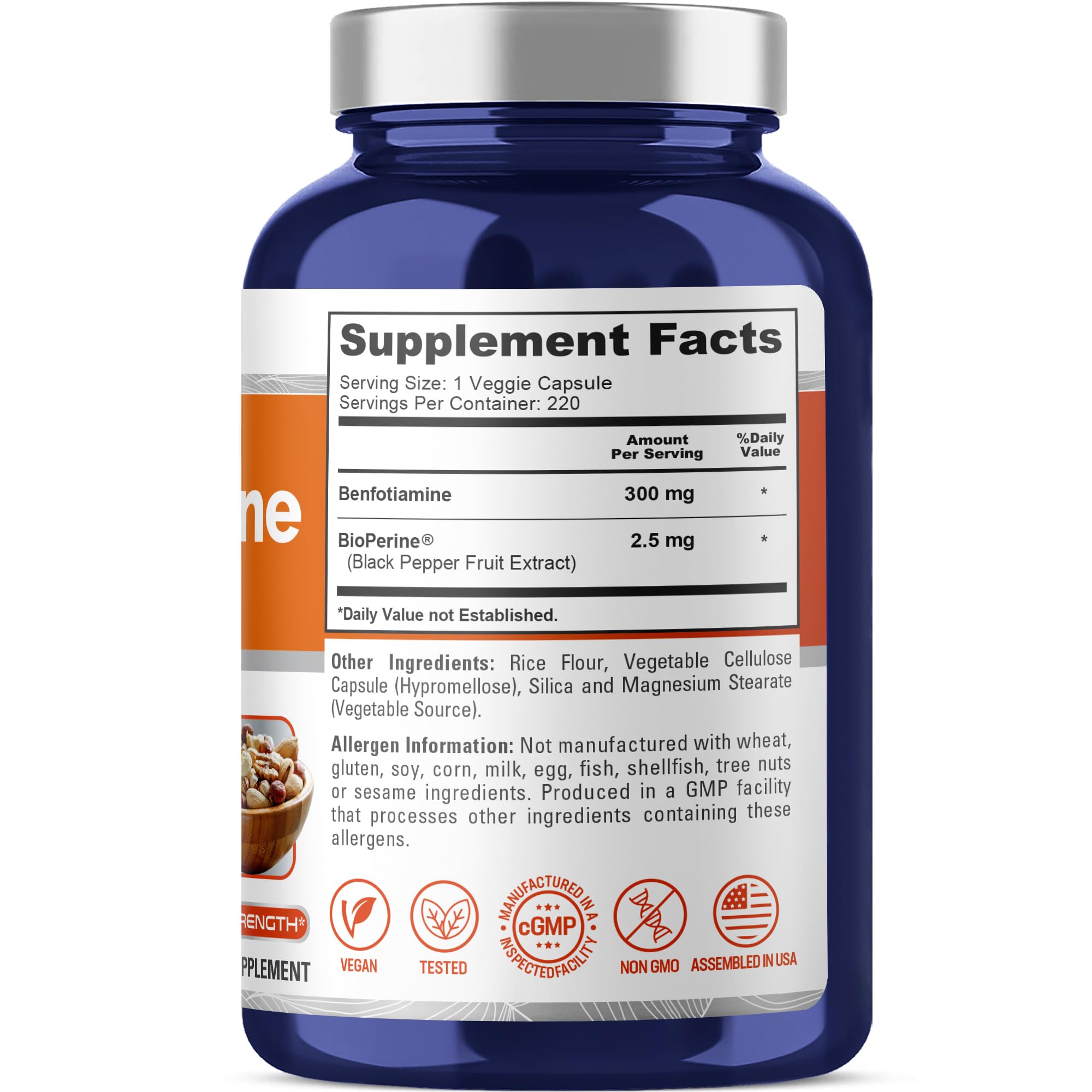 Close-up of NusaPure Benfotiamine 300mg capsules in vegan veggie caps.