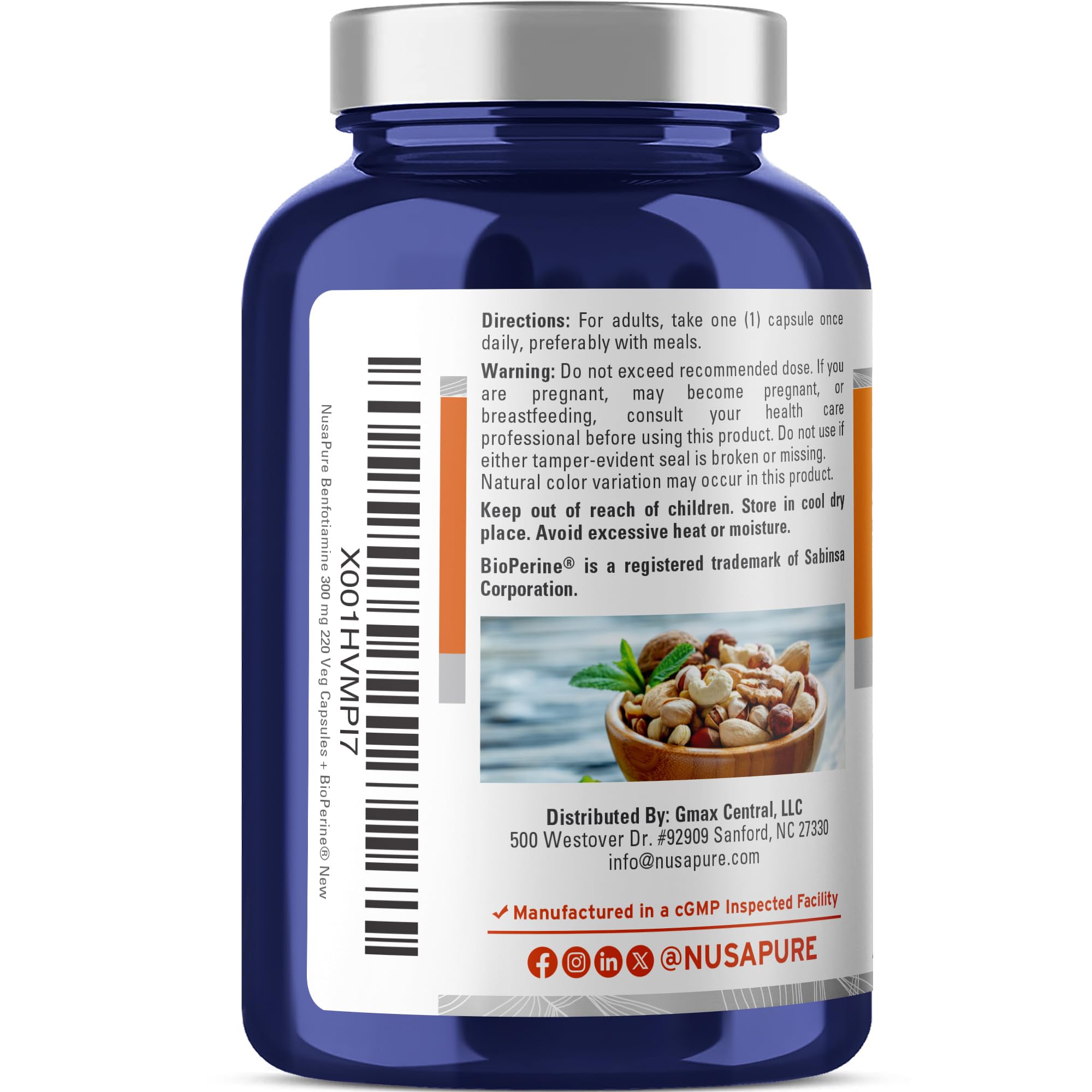 NusaPure Benfotiamine label on vegan capsules highlights plant-based sourcing.