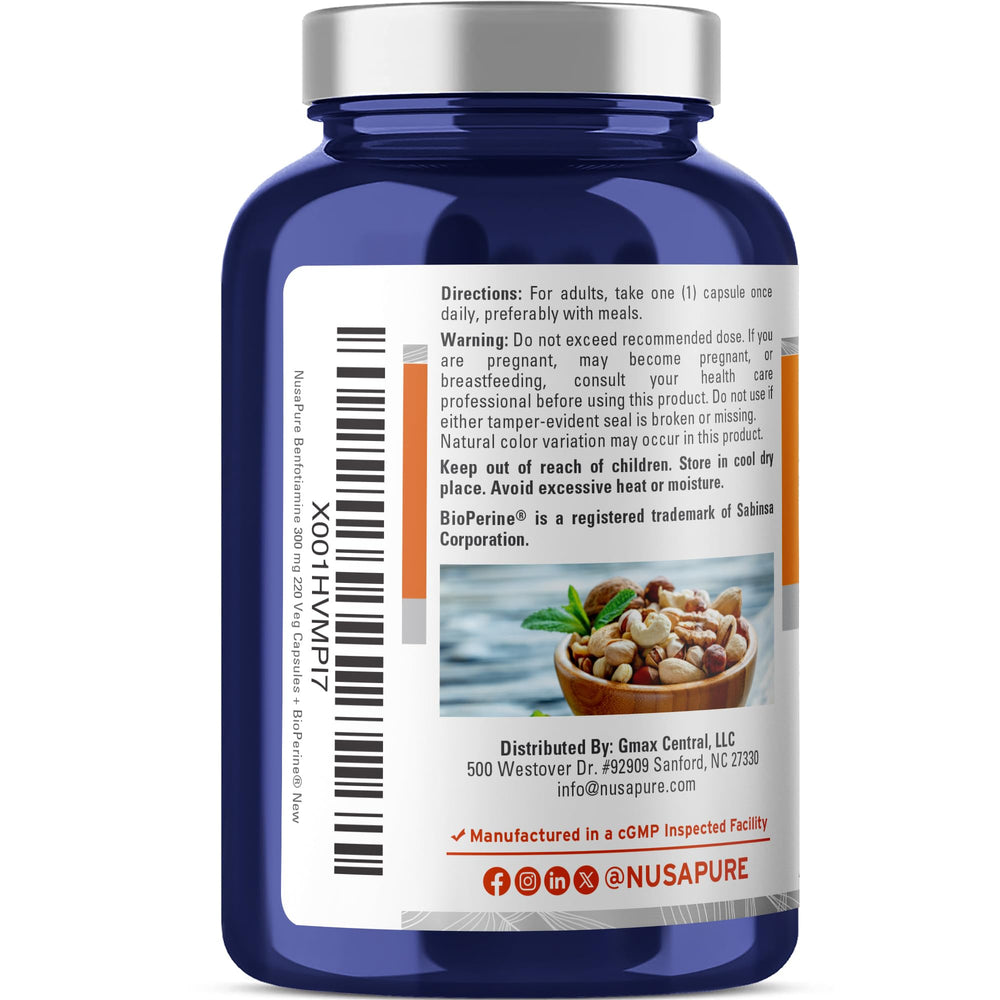 NusaPure Benfotiamine label on vegan capsules highlights plant-based sourcing.