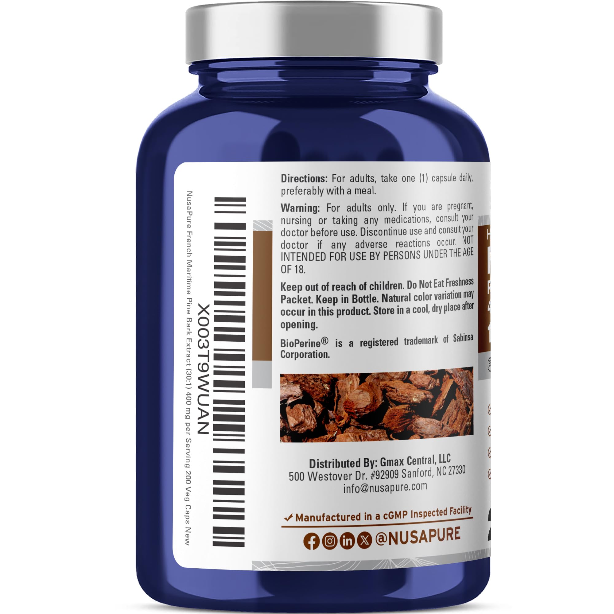 Bioperine emblem on NusaPure Pine Bark packaging for absorption