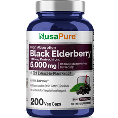 NusaPure Black Elderberry 50:1 Extract bottle front with high-absorption capsules.