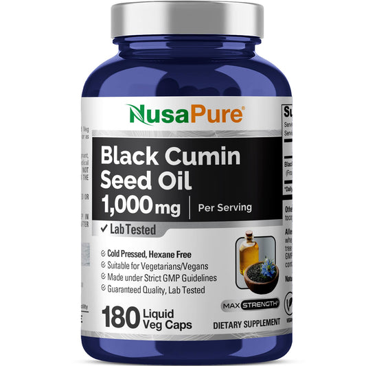 NusaPure Black Seed Oil bottle front highlighting 1000 mg per serving.